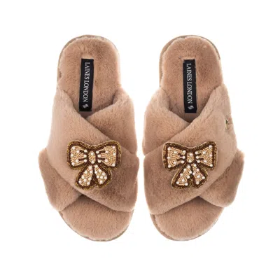 Laines London Women's Brown / Neutrals / Gold Classic Laines Slippers With Brown & Pearl Beaded Pretty Bow Brooche In Multi