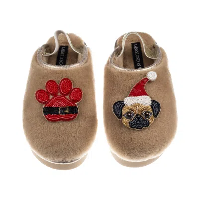 Laines London Women's Brown / Neutrals / Gold Flatform Cloud Slippers With Christmas Fawn Pug & Paw Brooches - Tof
