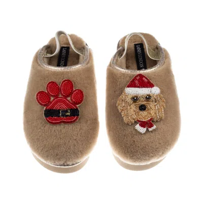 Laines London Women's Brown / Neutrals / Gold Flatform Cloud Slippers With Christmas Golden Cavapoo & Paw Brooches In Multi