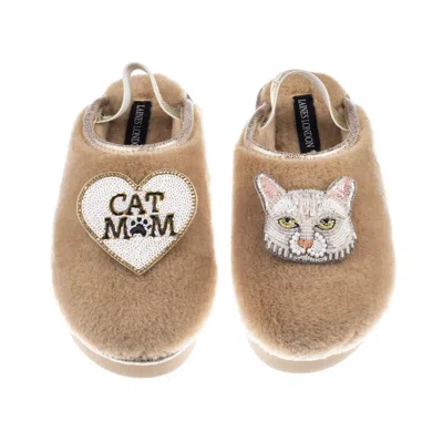 Laines London Women's Brown / Neutrals / Gold Flatform Cloud Slippers With White Lily Cat & Cat Mum/mom Brooches - In Multi