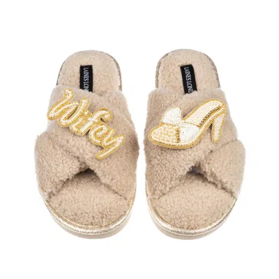 Laines London Women's Brown / Neutrals / Gold Neutral Boucle Slippers With Wifey & Wedding Heel Brooches - Oatmeal In Brown/gold
