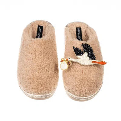 Laines London Women's Brown / Neutrals / Gold Toffee Teddy Closed Toe Slippers With New Baby Stork Brooches - Dark In Brown/gold
