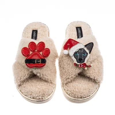 Laines London Women's Brown / Neutrals Laines Boucle Slippers With Christmas Black & White Siamese Cat & Paw Brooc