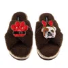 Laines London Women's Brown / Neutrals Laines Boucle Slippers With Christmas British Bulldog & Paw Brooches - Choc In Brown