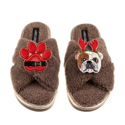 Laines London Women's Brown / Neutrals Laines Boucle Slippers With Christmas British Bulldog & Paw Brooches - Mink