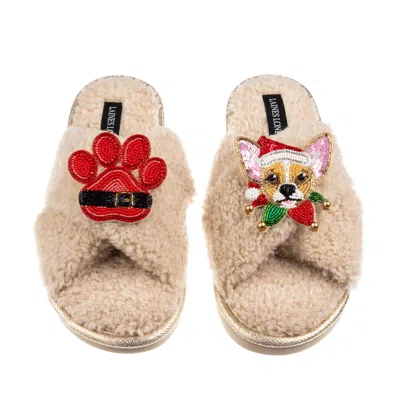 Laines London Women's Brown / Neutrals Laines Boucle Slippers With Christmas Chihuahua & Paw Brooches - Oatmeal