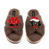 Laines London Women's Brown / Neutrals Laines Boucle Slippers With Christmas Dachshund & Paw Brooches - Mink In Brown