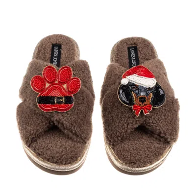 Laines London Women's Brown / Neutrals Laines Boucle Slippers With Christmas Dachshund & Paw Brooches - Mink