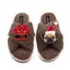 Laines London Women's Brown / Neutrals Laines Boucle Slippers With Christmas Fawn Pug & Paw Brooches - Mink In Brown