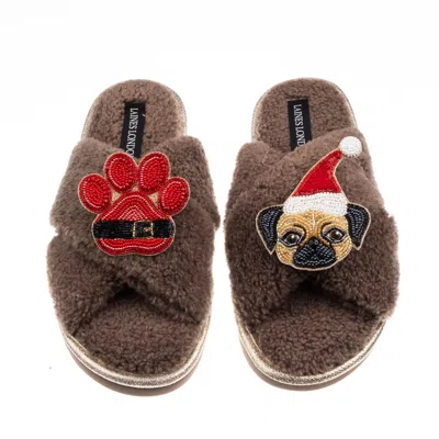 Laines London Women's Brown / Neutrals Laines Boucle Slippers With Christmas Fawn Pug & Paw Brooches - Mink