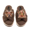 Laines London Women's Brown / Neutrals Laines Boucle Slippers With Christmas Gingerbread Bow & Carousel Brooches - In Brown