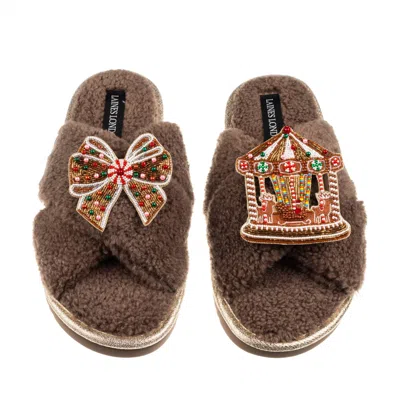Laines London Women's Brown / Neutrals Laines Boucle Slippers With Christmas Gingerbread Bow & Carousel Brooches -