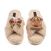 Laines London Women's Brown / Neutrals Laines Boucle Slippers With Christmas Gingerbread Bow & Carousel Brooches - In Brown