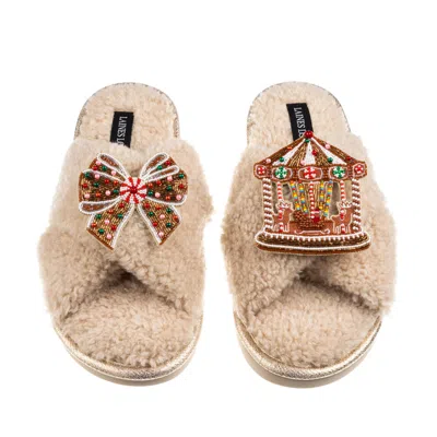 Laines London Women's Brown / Neutrals Laines Boucle Slippers With Christmas Gingerbread Bow & Carousel Brooches -