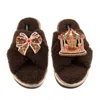 Laines London Women's Brown / Neutrals Laines Boucle Slippers With Christmas Gingerbread Bow & Carousel Brooches - In Brown