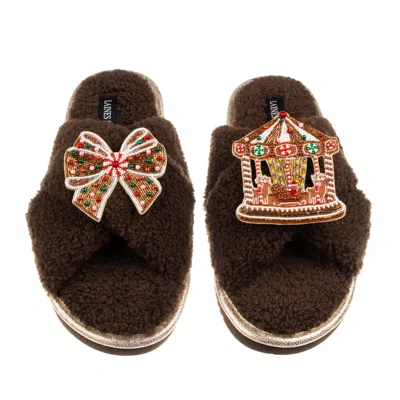 Laines London Women's Brown / Neutrals Laines Boucle Slippers With Christmas Gingerbread Bow & Carousel Brooches -