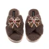 Laines London Women's Brown / Neutrals Laines Boucle Slippers With Christmas Gingerbread Bows Brooches - Mink In Animal Print