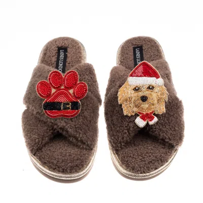 Laines London Women's Brown / Neutrals Laines Boucle Slippers With Christmas Golden Cavapoo & Paw Brooches - Mink