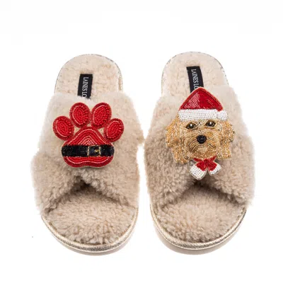 Laines London Women's Brown / Neutrals Laines Boucle Slippers With Christmas Golden Cavapoo & Paw Brooches - Oatme