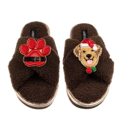 Laines London Women's Brown / Neutrals Laines Boucle Slippers With Christmas Golden Retriever & Paw Brooches - Cho
