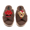 Laines London Women's Brown / Neutrals Laines Boucle Slippers With Christmas Golden Retriever & Paw Brooches - Min In Brown