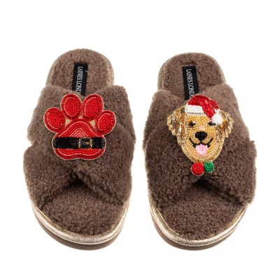 Laines London Women's Brown / Neutrals Laines Boucle Slippers With Christmas Golden Retriever & Paw Brooches - Min