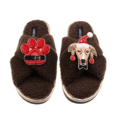 Laines London Women's Brown / Neutrals Laines Boucle Slippers With Christmas Greyhound & Paw Brooches - Chocolate