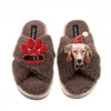 Laines London Women's Brown / Neutrals Laines Boucle Slippers With Christmas Greyhound & Paw Brooches - Mink In Brown