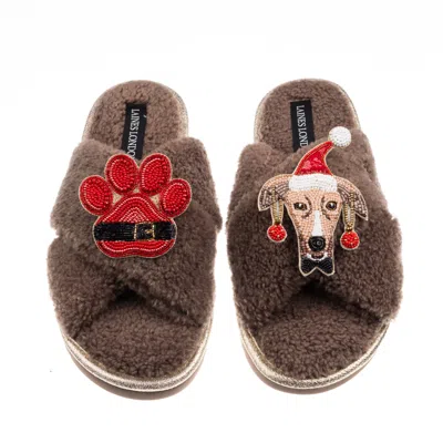 Laines London Women's Brown / Neutrals Laines Boucle Slippers With Christmas Greyhound & Paw Brooches - Mink