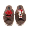 Laines London Women's Brown / Neutrals Laines Boucle Slippers With Christmas Jack Russell & Paw Brooches - Mink In Brown