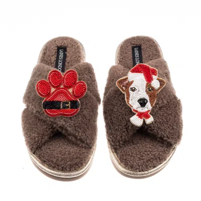 Laines London Women's Brown / Neutrals Laines Boucle Slippers With Christmas Jack Russell & Paw Brooches - Mink