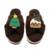 Laines London Women's Brown / Neutrals Laines Boucle Slippers With Christmas Lovable Pudding & Tree Brooches - Cho In Brown