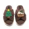 Laines London Women's Brown / Neutrals Laines Boucle Slippers With Christmas Lovable Pudding & Tree Brooches - Min In Brown