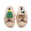 Laines London Women's Brown / Neutrals Laines Boucle Slippers With Christmas Lovable Pudding & Tree Brooches - Oat In Brown