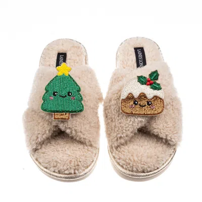Laines London Women's Brown / Neutrals Laines Boucle Slippers With Christmas Lovable Pudding & Tree Brooches - Oat