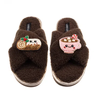Laines London Women's Brown / Neutrals Laines Boucle Slippers With Christmas Lovable Yule Log & Hot Chocolate Broo