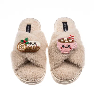 Laines London Women's Brown / Neutrals Laines Boucle Slippers With Christmas Lovable Yule Log & Hot Chocolate Broo