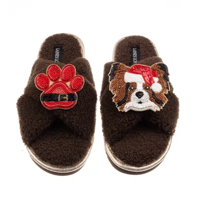 Laines London Women's Brown / Neutrals Laines Boucle Slippers With Christmas Papillon & Paw Brooches - Chocolate