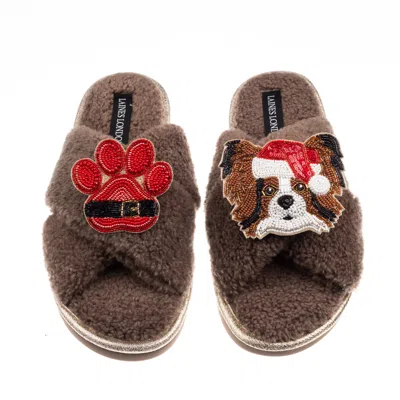 Laines London Women's Brown / Neutrals Laines Boucle Slippers With Christmas Papillon & Paw Brooches - Mink