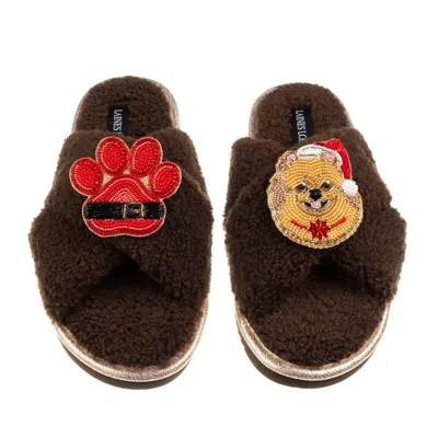 Laines London Women's Brown / Neutrals Laines Boucle Slippers With Christmas Pomeranian & Paw Brooches - Chocolate