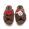 Laines London Women's Brown / Neutrals Laines Boucle Slippers With Christmas White Siamese Cat & Paw Brooches - Mi In Brown