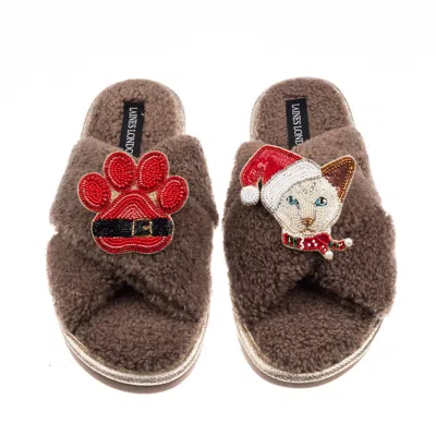 Laines London Women's Brown / Neutrals Laines Boucle Slippers With Christmas White Siamese Cat & Paw Brooches - Mi