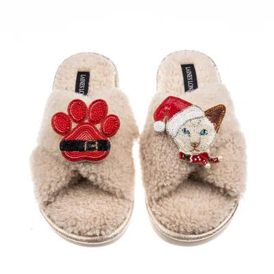 Laines London Women's Brown / Neutrals Laines Boucle Slippers With Christmas White Siamese Cat & Paw Brooches - Oa In Animal Print