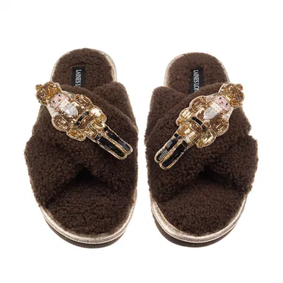 Laines London Women's Brown / Neutrals Laines Boucle Slippers With Double Gold Grand Nutcrackers Brooches - Chocol In Transparent