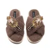 Laines London Women's Brown / Neutrals Laines Boucle Slippers With Double Gold Grand Nutcrackers Brooches - Mink In Brown