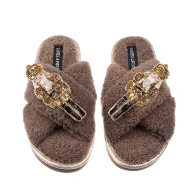 Laines London Women's Brown / Neutrals Laines Boucle Slippers With Double Gold Grand Nutcrackers Brooches - Mink