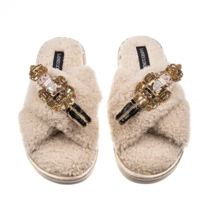 Laines London Women's Brown / Neutrals Laines Boucle Slippers With Double Gold Grand Nutcrackers Brooches - Oatmea In Pattern