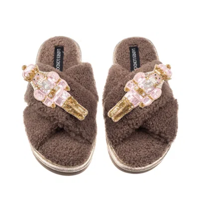 Laines London Women's Brown / Neutrals Laines Boucle Slippers With Double Pink Grand Nutcrackers Brooches - Chocol