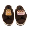 Laines London Women's Brown / Neutrals Laines Boucle Slippers With Laines Lovables Egg & Flour Brooches - Chocolat In Animal Print