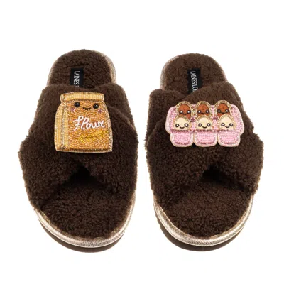 Laines London Women's Brown / Neutrals Laines Boucle Slippers With Laines Lovables Egg & Flour Brooches - Chocolat In Animal Print